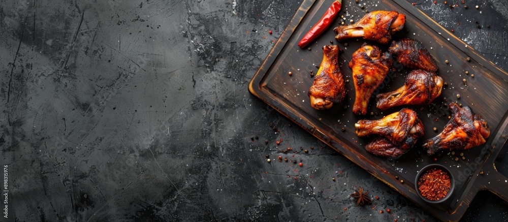 Poster Chicken wings and legs on a cutting board with spices set against a rustic dark gray background perfect for text or other visuals in a flat lay image. Creative banner. Copyspace image