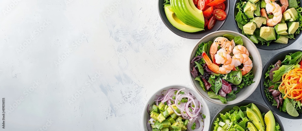 Aufkleber a collection of salads featuring avocado prawns shrimp and greens in bowls on a white backdrop seen 