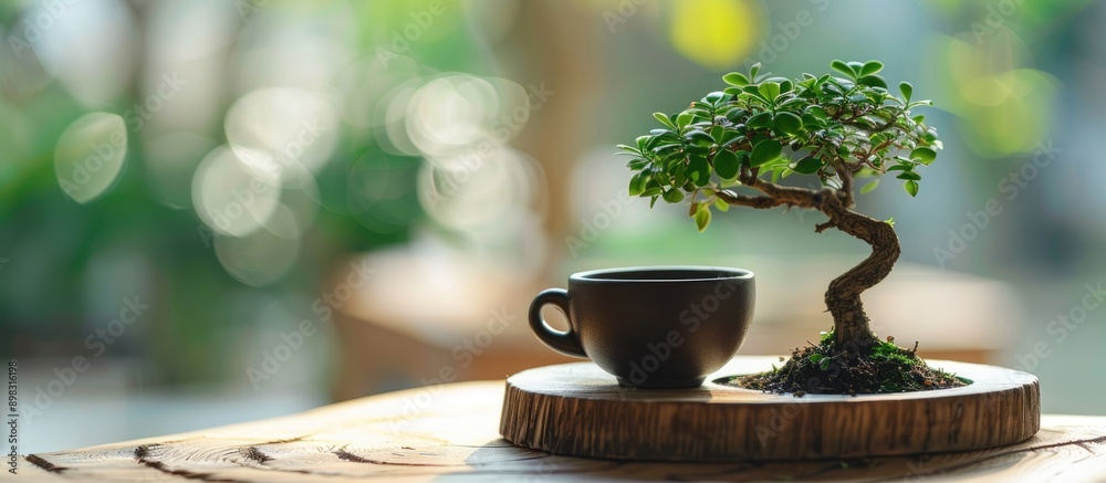 Aufkleber a cup of black coffee placed beside a bonsai tree on a wooden base in an elegant composition with co