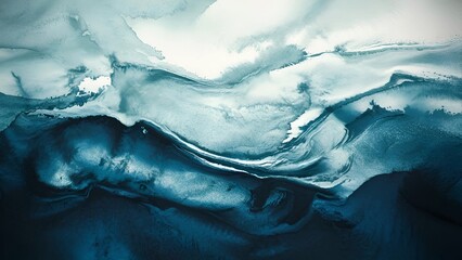 Fototapeta premium Watercolor painting featuring a dreamy, textured background. An abstract fluid art piece featuring swirling blue and white colors, evoking a sense of oceanic movement and modern artistry