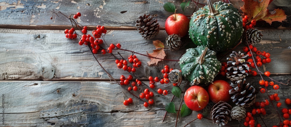 Poster An autumn themed table decoration featuring snowberries rowan berries a green pumpkin apples and cones arranged on a rustic wooden surface with space for additional images