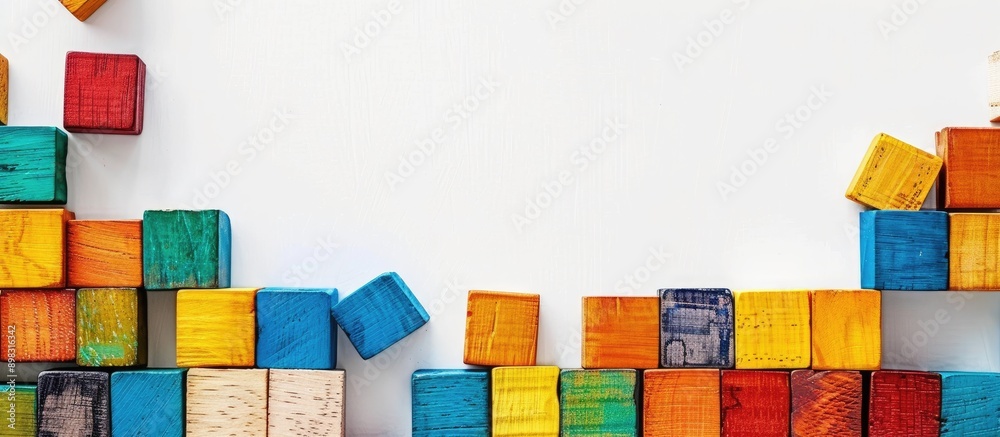 Aufkleber colorful wooden building blocks arranged neatly on a white backdrop with ample copy space image