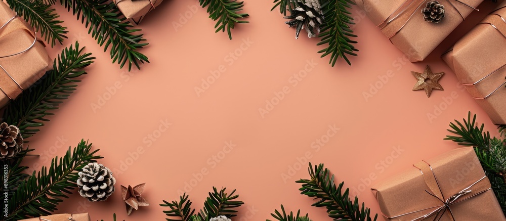 Poster christmas tree branches creatively arranged with gifts in a flat lay composition presenting a nature