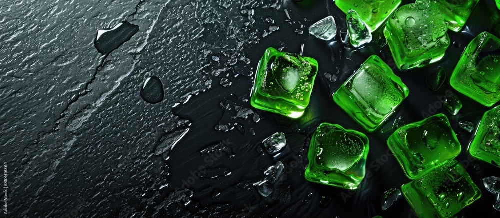 Poster a black table acts as a backdrop for vivid green ice cubes in the copy space image
