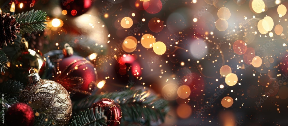 Poster background for christmas and new year with selective focus decorated for the holidays featuring copy