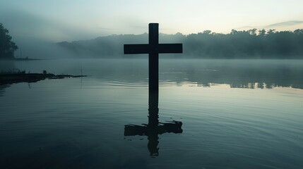 Solitary Cross Over Misty Water at Dawn