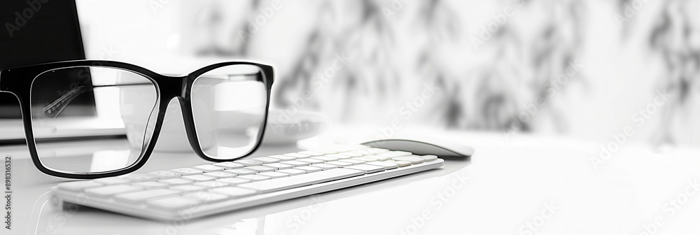 Aufkleber black framed glasses on a white desktop keyboard, a white wireless mouse sits beside the keyboard. g