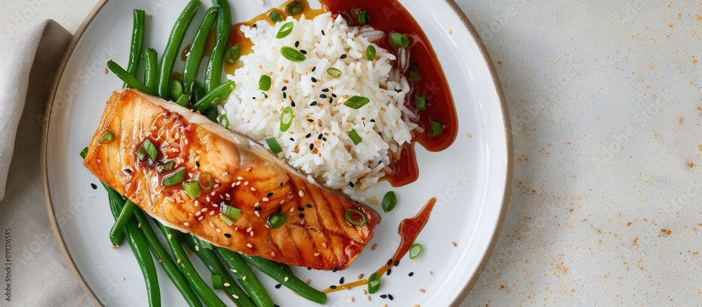 Poster asian inspired dish featuring a fish fillet accompanied by rice soy sauce and green beans elegantly 