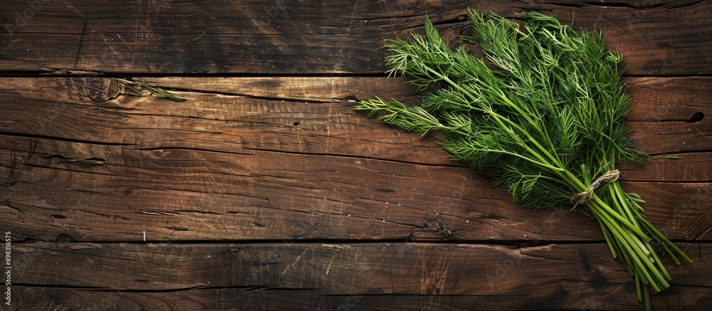 Poster top view of a cluster of fresh dill on a rustic wooden surface providing ample copy space for a pict