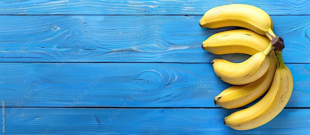 Aufkleber bananas ripe and ready to eat arranged on a blue wooden table with copy space image available