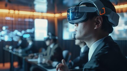 corporate training facility using augmented reality helmets to simulate real-world business scenarios for trainees