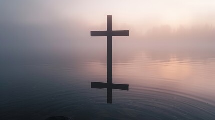 Solitary Cross Over Misty Water at Dawn