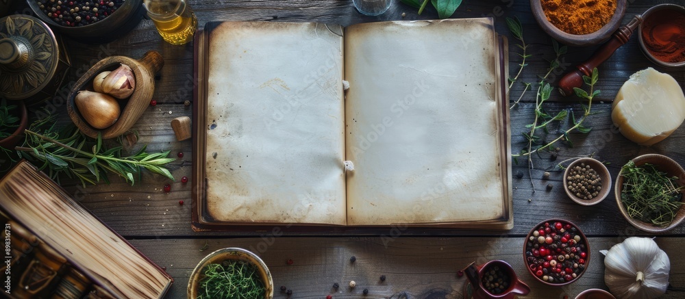 Poster A cookbook featuring blank pages for notes and various cooking ingredients. Creative banner. Copyspace image