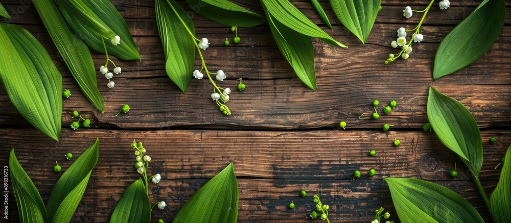 Aufkleber A charming image featuring lily of the valley with vibrant green leaves set on a rustic wooden backdrop perfect for a cheerful day s greeting. Creative banner. Copyspace image