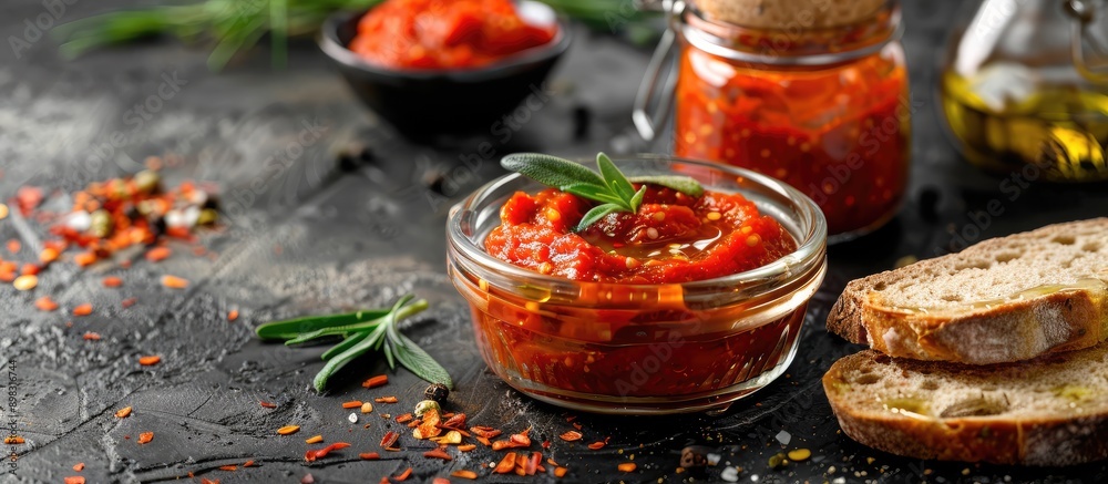Poster Ajvar in a transparent glass bowl with a spread on a slice of bread displayed invitingly for a photo with copy space image