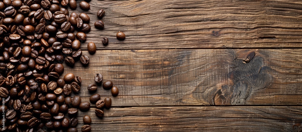Aufkleber Coffee beans spread out across a wooden table with a blank space for text or images like a copy space image