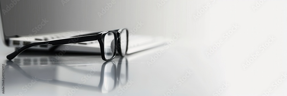 Poster black eyeglasses rest on a laptop keyboard, with a bright, white background. generative ai