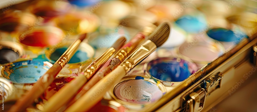 Poster close up image featuring a gold case containing watercolor paints and various paintbrushes ideal for