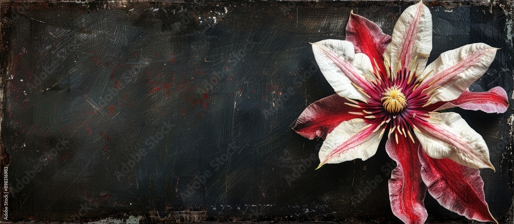 Poster detailed vintage style painting with a single red and white clematis flower s center as the subject 