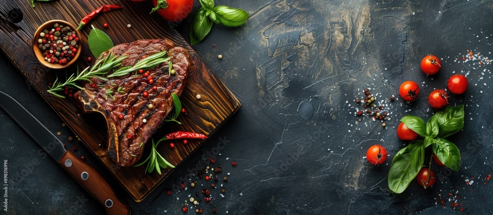 Aufkleber Top view of a beef steak with herbs and spices on a cutting board against a stone background with copy space image