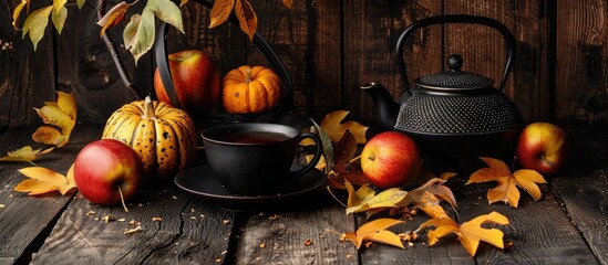 Autumn themed arrangement featuring fall elements like pumpkins apples and yellow leaves alongside a black teapot and cup on a dark wooden backdrop perfect for an autumnal tea with a copy space image