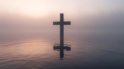 Solitary Cross Over Misty Water at Dawn