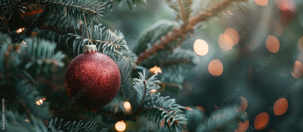Aufkleber Close up photo of a red ball hanging on a Christmas tree embodying a New Year s theme with copy space image