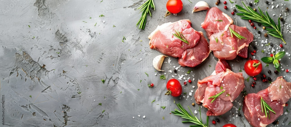 Poster Composition of fresh raw meat arranged in a flat lay style on a gray background with copy space image available