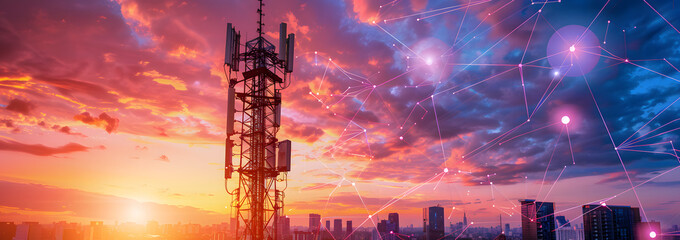 Telecommunications tower with digital network overlay at sunset