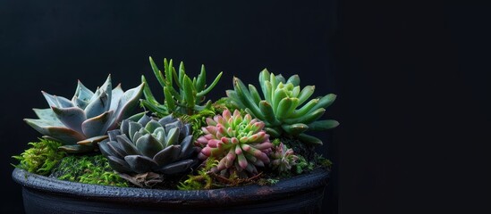 Isolated dark potted succulent and cactus plants with decorative moss with a background for copy space image