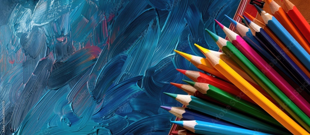 Aufkleber back to school theme with school accessories like pencils on a pile of books set against a brush bac