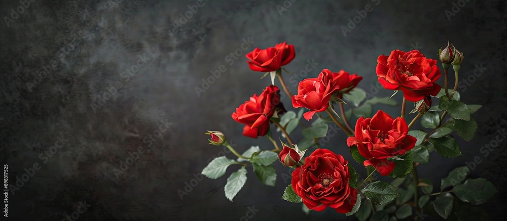 Poster A cluster of vibrant red roses set against a dark backdrop ideal for a copy space image