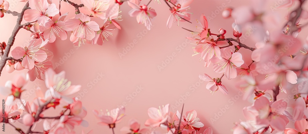 Poster Cherry blossom branches on a pastel pink backdrop for a spring frame with copy space image