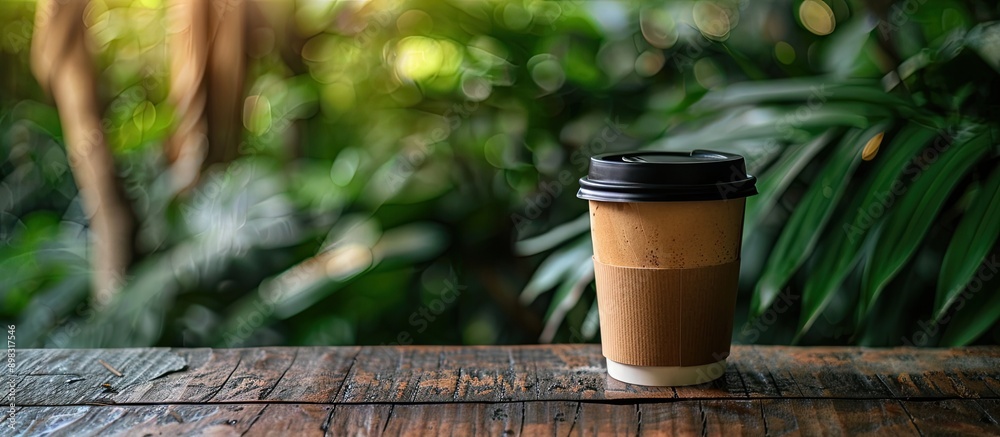 Poster A close up photo of a disposable coffee cup on a wooden table surrounded by a lush garden setting featuring a steaming cappuccino with a dark lid on top and available space for additional elements in
