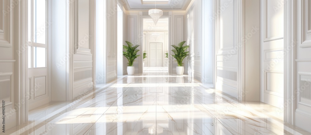 Aufkleber an apartment corridor with white walled doors and a marble floor providing a clean and elegant look 