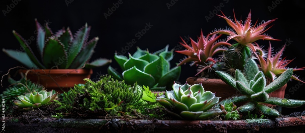 Aufkleber isolated dark potted succulent and cactus plants with decorative moss with a background for copy spa