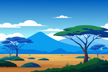 African savannah landscape with trees, rocks, and open grassland under a clear blue sky