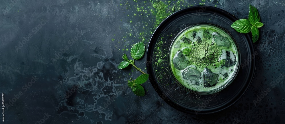 Poster composition featuring green matcha powder and a drink on a black table with room for text in the ima