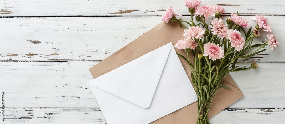 Poster top view of a blank white greeting card featuring a bouquet of pink aster flowers with an envelope p