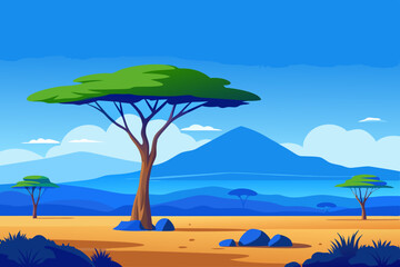 African savannah landscape with trees, rocks, and open grassland under a clear blue sky