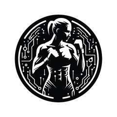 mma, mix martial art  female player in cyberpunk pattern illustration, emblem shield badge