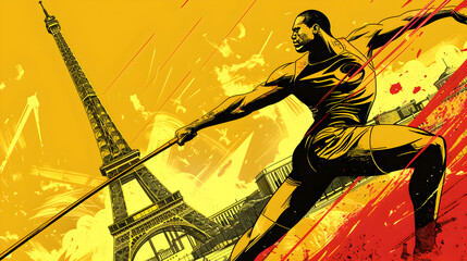 Comic Book Javelin: Comic book-style illustration of a javelin thrower with the Eiffel Tower in the background on a yellow background.


