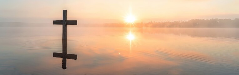 Solitary Cross Over Misty Water at Dawn