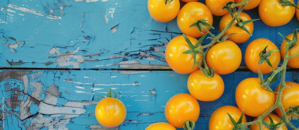 Poster Top view of a blue wooden table adorned with ripe yellow tomatoes providing ample copy space image