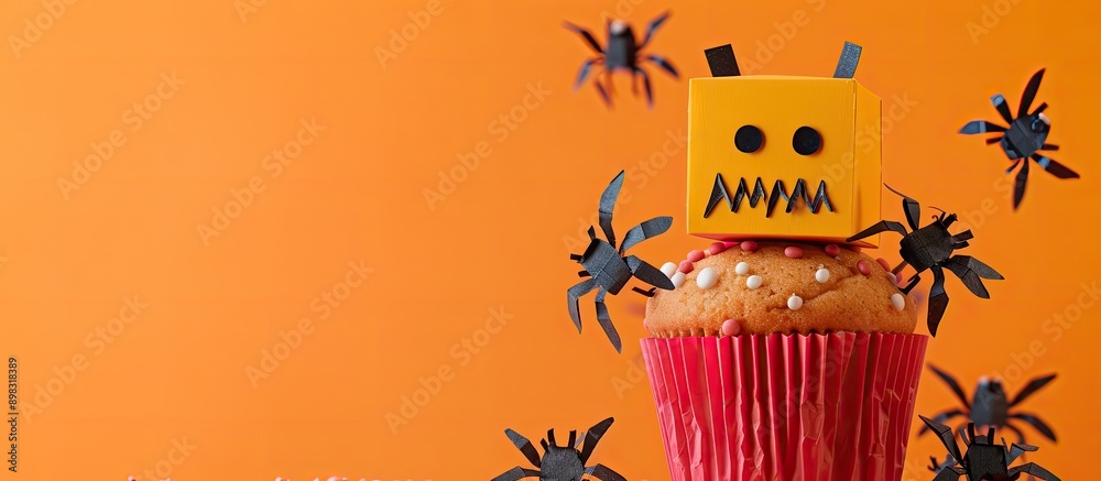 Poster an amusing paper monster holding a spooky cupcake amidst an orange backdrop adorned with black spide