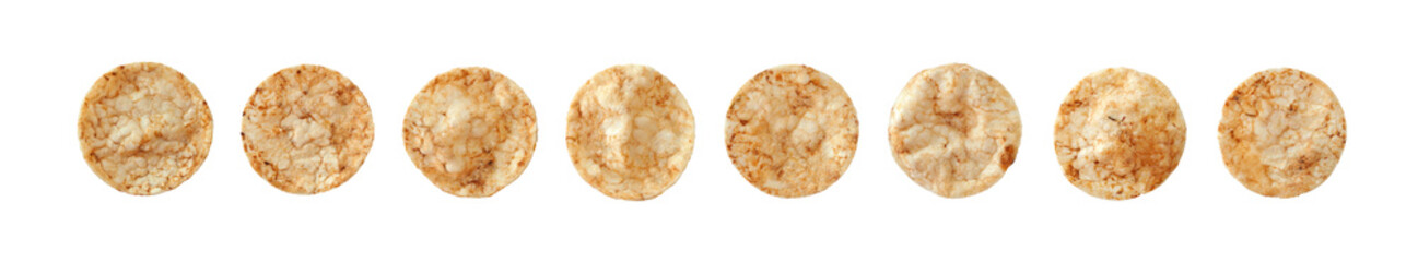 Round brown rice chips, salty crispy snack, isolated set on white background top view   