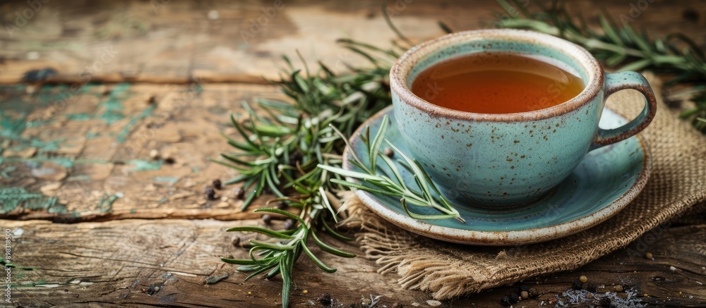 Poster a cup of fragrant herbal tea and rosemary on a rustic wooden table with a blank background for text 