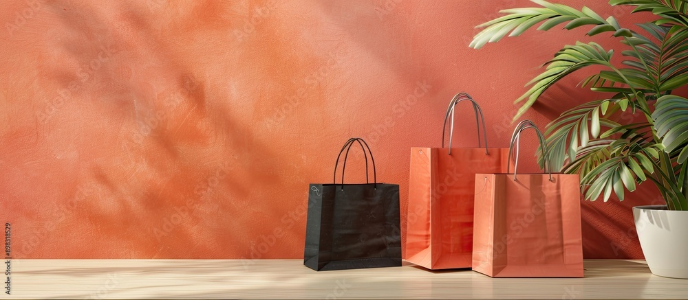 Aufkleber Bags for shopping displayed on a table with empty space for a personalized image. Creative banner. Copyspace image