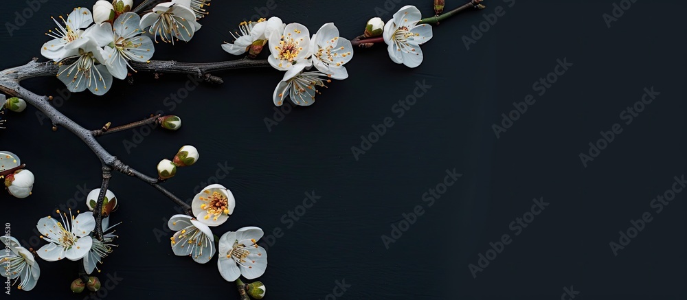 Poster top view of apricot blossom against black backdrop ideal as a spring banner with copy space image