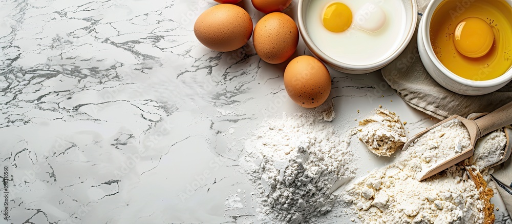 Aufkleber Bakery ingredients like flour eggs and milk displayed in a top view with ample copy space image